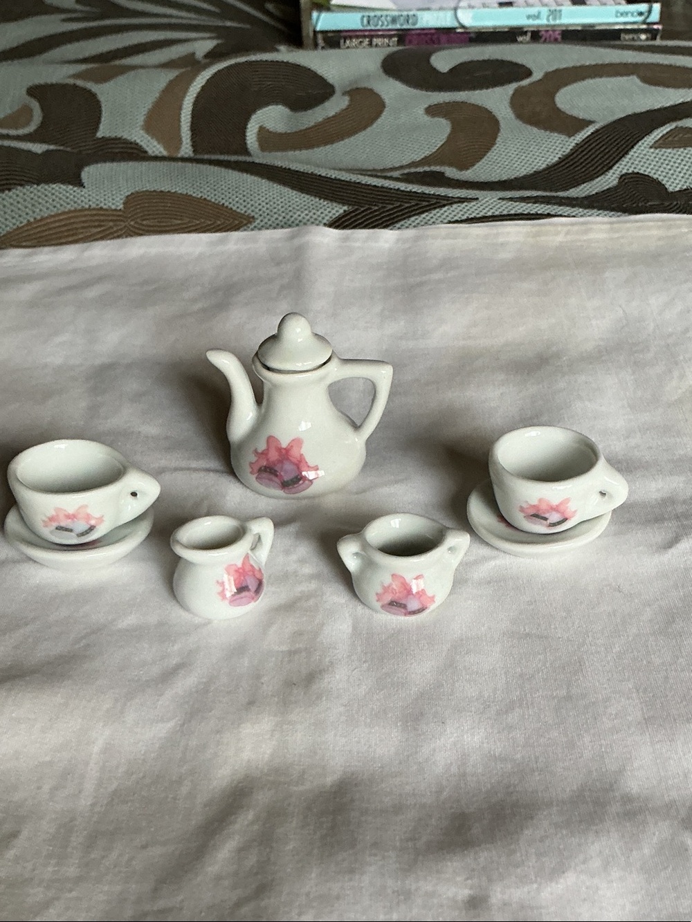 White Ceramic Mini Tea Set with Pink Floral Accents